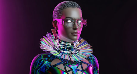 3d rendering of a female robot with futuristic glasses and glowing neon lightsの素材