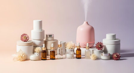 Set of cosmetic products in a bottle on a white background with flowers.の素材