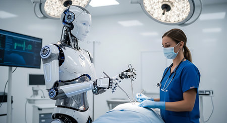 Portrait of a female surgeon with a robot in the operating roomの素材