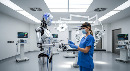 Young woman doctor in the operating room with robot. 3d renderingの素材