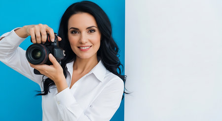 beautiful brunette woman in white shirt with camera on blue backgroundの素材