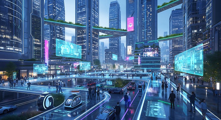 Modern city at night with traffic and people silhouettes. 3d renderingの素材