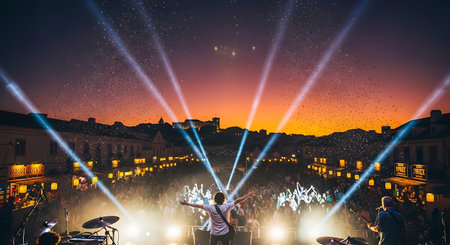 Concert crowd at a music festival with lights and people silhouettesの素材