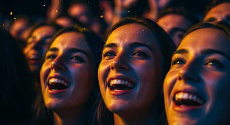 Group of happy young people laughing and looking up at night club.の素材
