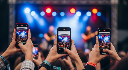 Concert crowd at a live music festival, hands holding smartphones.の素材