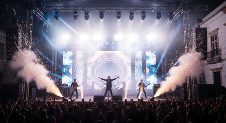 Rear view of a group of people dancing on the stage during a live concertの素材