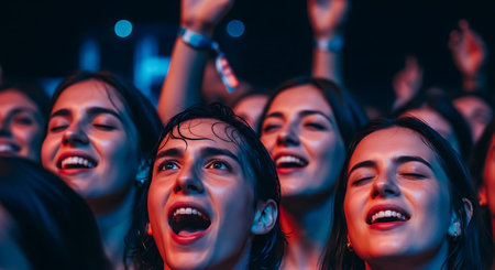 Group of happy young people dancing at night club. Music festival.の素材