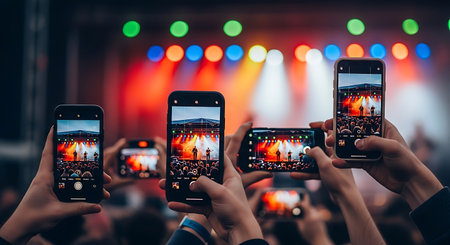 Group of people taking pictures with mobile phones during live music concert.の素材