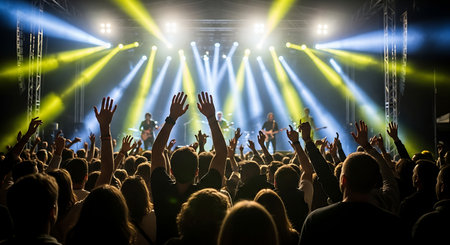 Concert crowd with hands up in front of a bright stage lightsの素材