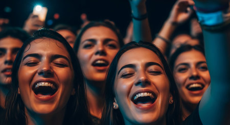 Beautiful young women are laughing and smiling while dancing at night club.の素材