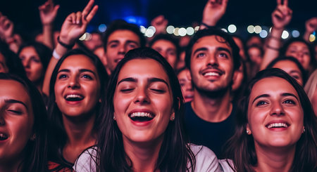 Group of young people dancing at a music festival and having fun.の素材