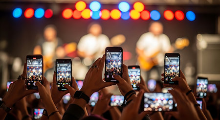 Group of people hands with mobile phones in live music concert or live showの素材