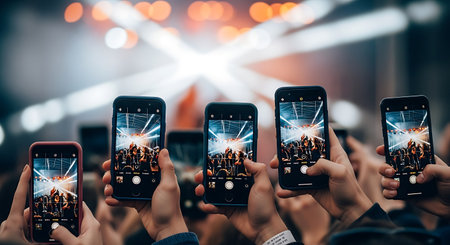 Group of hands holding smartphones with live music concert on the background.の素材