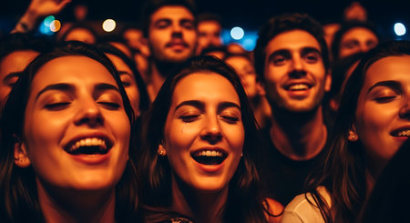 Group of happy young people dancing at night club. Music festival.の素材