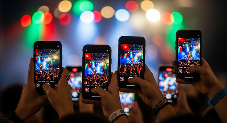 Concert crowd with mobile phones in front of a live music concertの素材