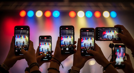 Close-up of hands holding smartphones during live music concert at a nightclubの素材