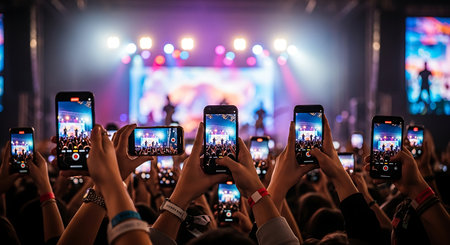 Concert crowd in front of a live concert stage with the hands of a smartphoneの素材