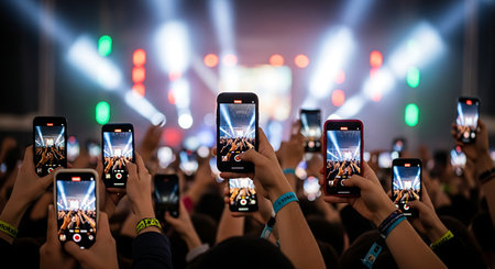 Many hands with mobile phones during a live concert at a music festivalの素材