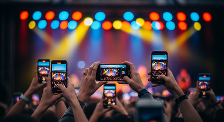 Many hands with smartphones in front of a live music concert stage.の素材