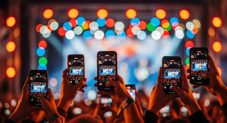 Group of hands holding smartphones in front of a live concert stage.の素材
