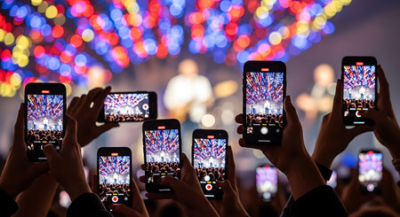 Many hands holding smartphones with live music concert blurred bokeh backgroundの素材