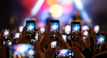 Concert crowd with smartphones in front of a live music concert stageの素材