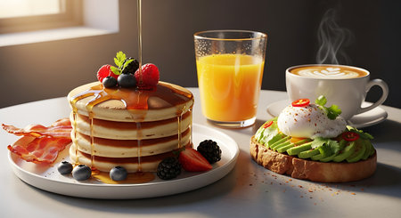 Delicious pancakes with berries and orange juice on white table in roomの素材
