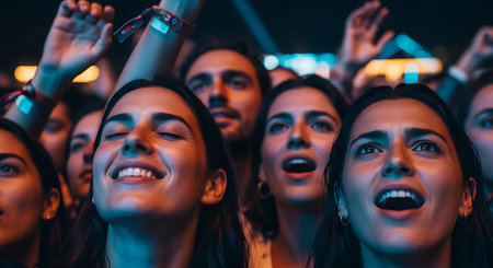 selective focus of happy multicultural friends with raised hands at music festivalの素材