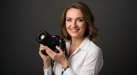 Portrait of a beautiful woman holding a camera on a black backgroundの素材