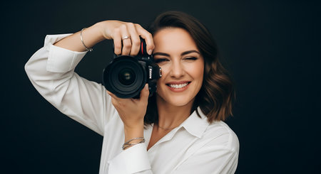 Portrait of a beautiful young woman in a white shirt with a camera in her hands.の素材