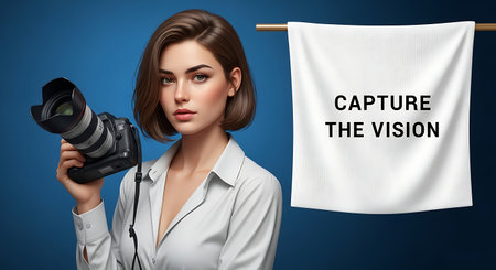 Young woman photographer with camera and flag of Turkey on blue background.の素材