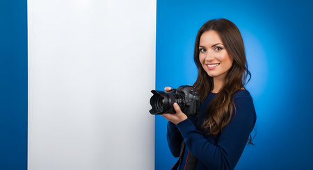 Beautiful young brunette woman with camera on a blue background.の素材