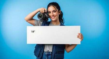 smiling asian woman in denim overalls holding blank poster and looking at camera isolated on blueの素材