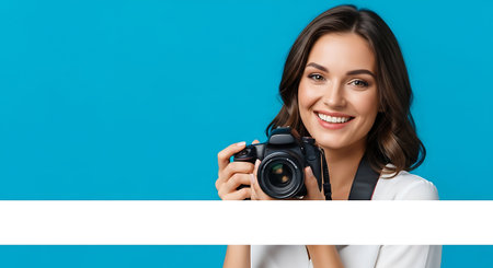 Portrait of a smiling young brunette woman holding a camera, isolated over blue backgroundの素材