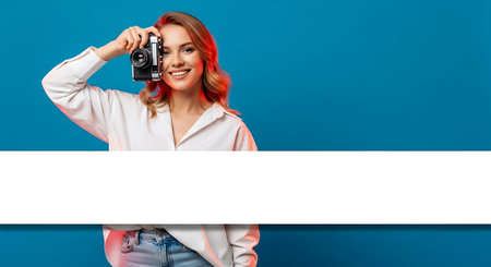 Young woman with white blank banner on blue background. Place for text.の素材