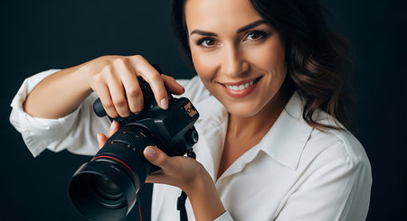 Portrait of beautiful young brunette woman in white shirt with professional camera on black backgroundの素材