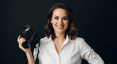 smiling young female photographer holding camera and looking at camera isolated on blackの素材