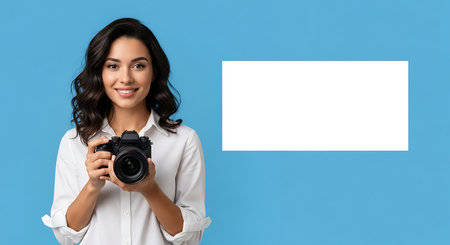 smiling asian woman with camera and blank banner isolated on blueの素材