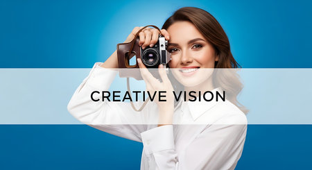 Young woman photographer with camera on blue background. Creative vision concept.の素材