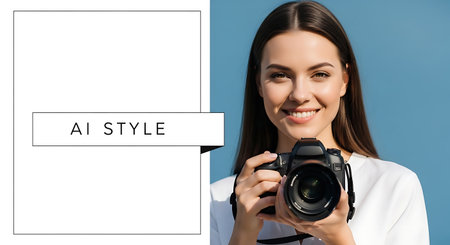 smiling young female photographer holding digital camera and looking at camera isolated on blueの素材