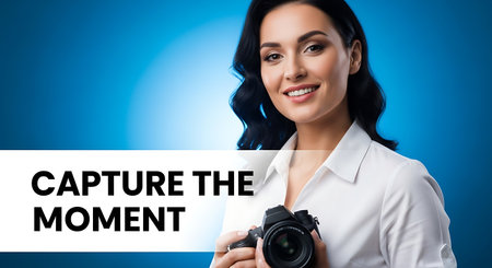 Portrait of young smiling brunette businesswoman with camera, over blue background.の素材