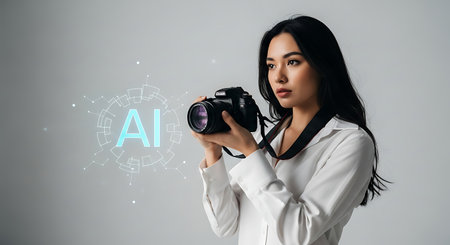 beautiful asian woman taking photo with camera, isolated on greyの素材
