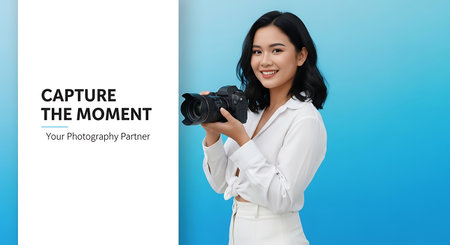 Beautiful asian woman holding camera and looking at camera over blue backgroundの素材