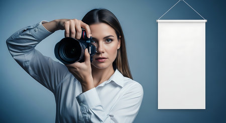 Young woman photographer with camera and blank canvas on grey background. Focus on cameraの素材