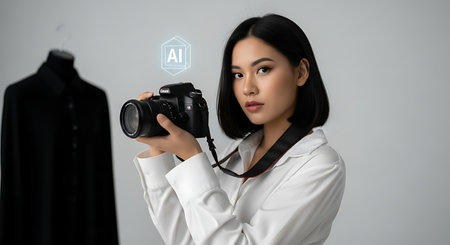 beautiful asian fashion designer holding camera and looking at camera in studioの素材