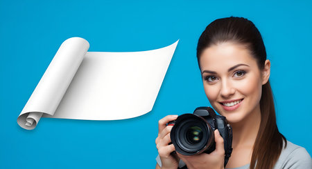Beautiful young woman with camera and paper scroll on blue background.の素材