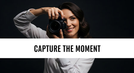 smiling brunette woman in white shirt holding camera and looking at camera isolated on blackの素材