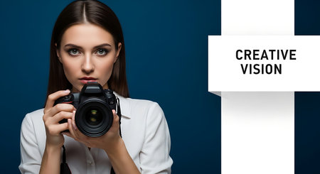 Beautiful young woman with camera on blue background with text CREATIVE VISIONの素材