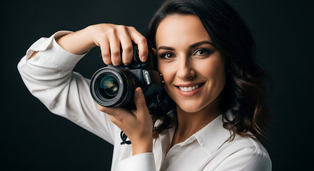 smiling young woman holding digital camera and looking at camera isolated on blackの素材