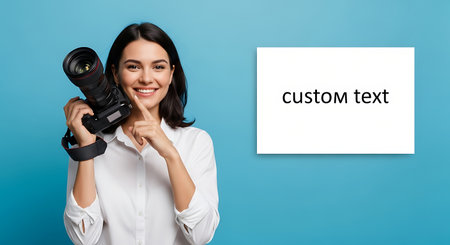 smiling asian woman holding digital camera and pointing with finger at white card isolated on blueの素材